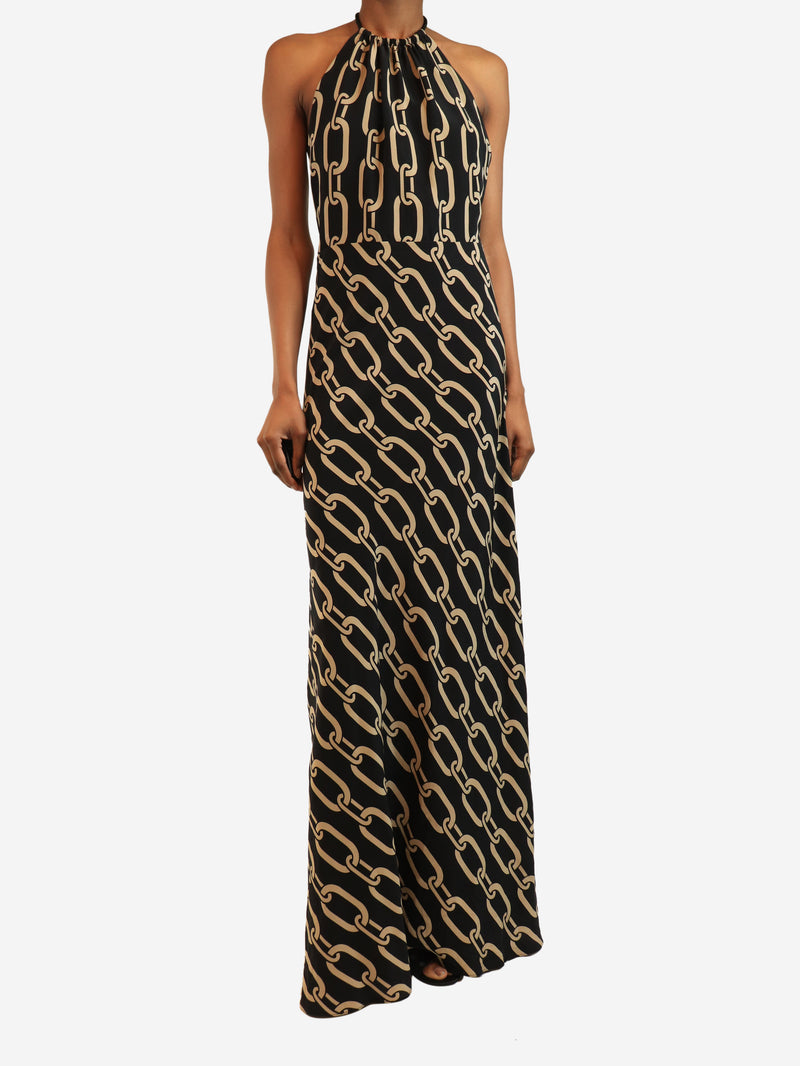 Black and beige printed halter neck dress - size UK 8