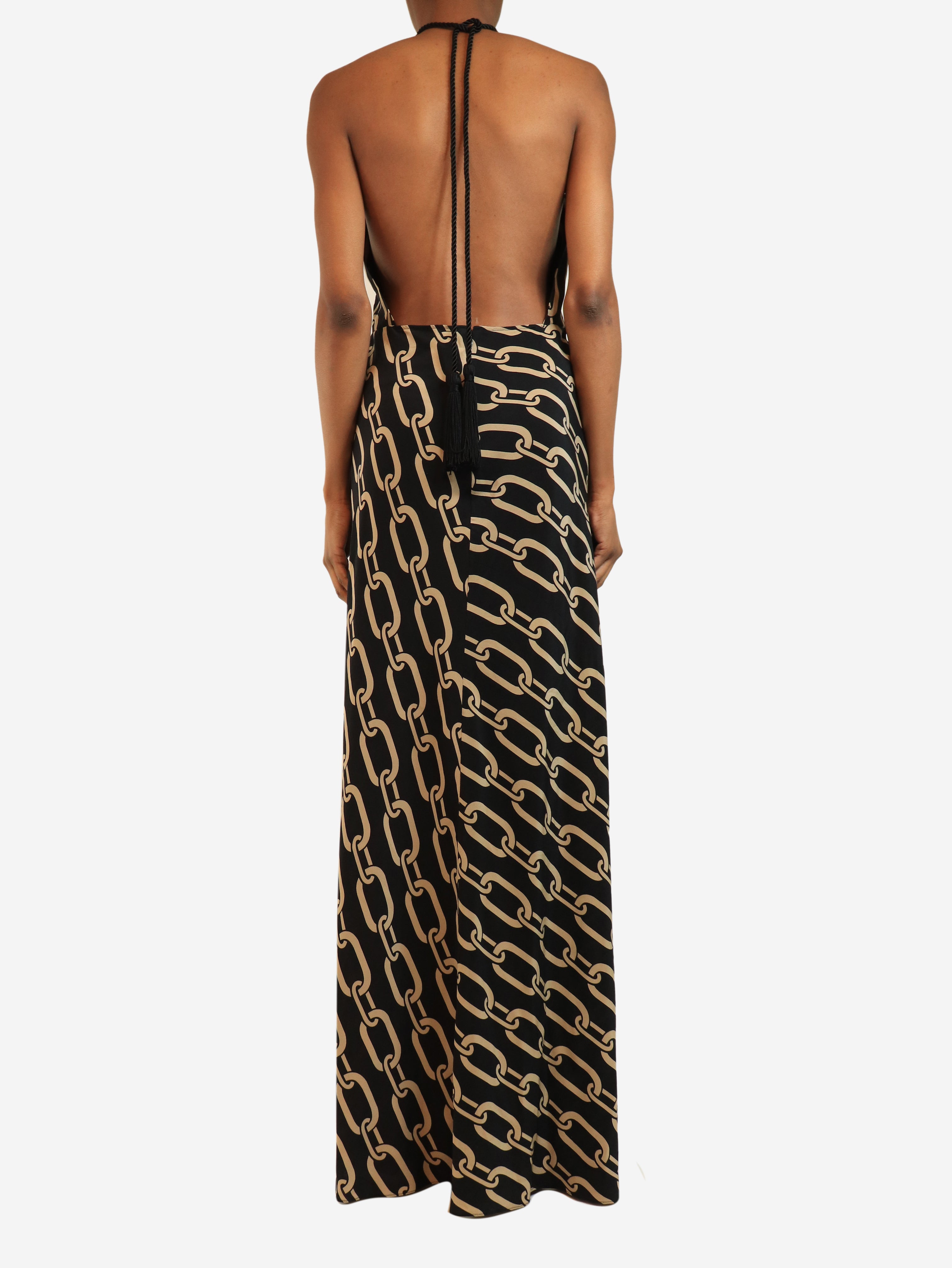 Black and beige printed halter neck dress - size UK 8