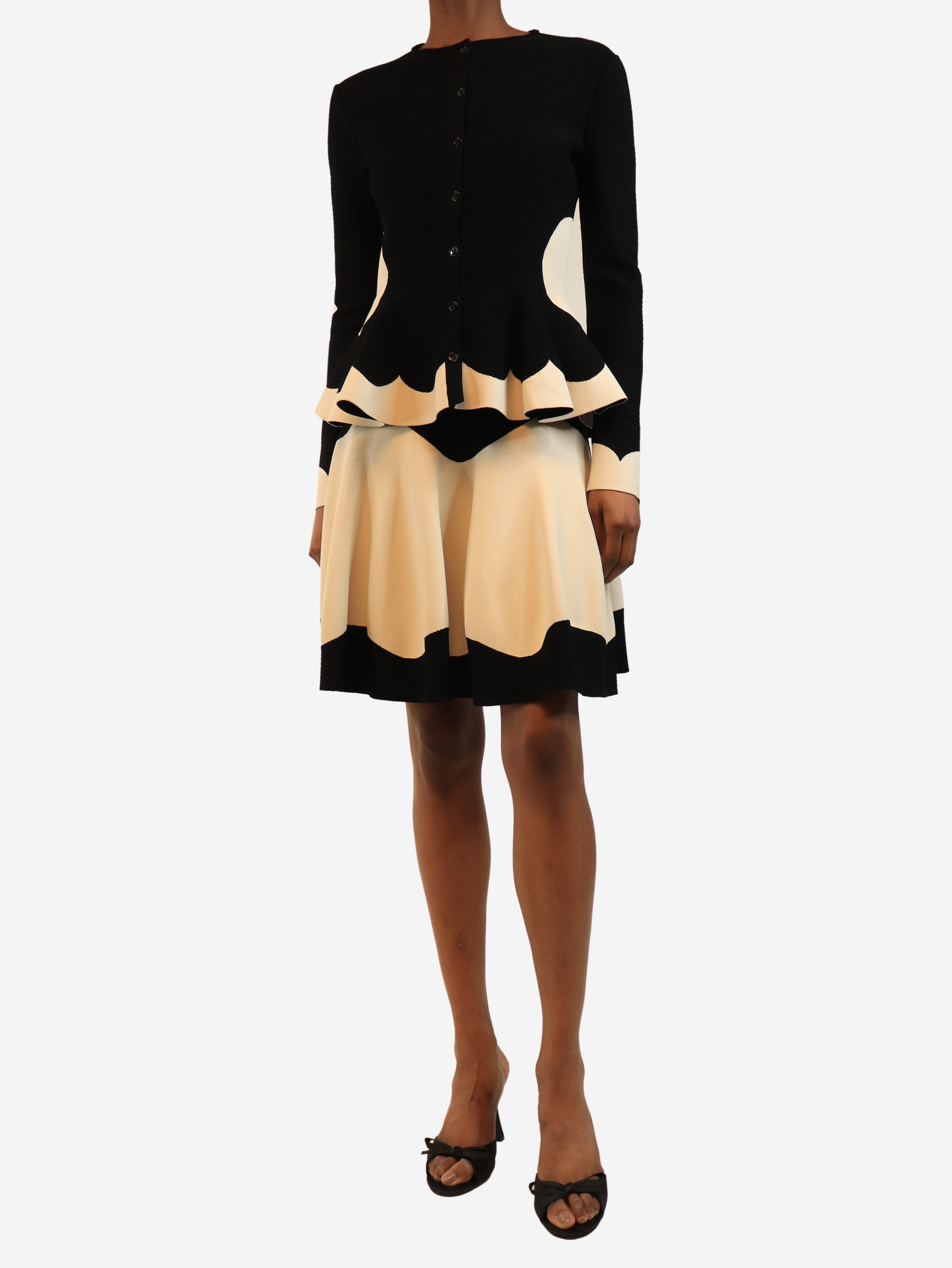 Black and white bi-colour intarsia knit cardigan and skirt set - size S