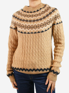 Max Mara Brown cable-knit fair isle jumper - size UK 10
