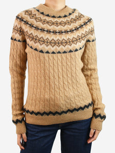 Max Mara Brown cable-knit fair isle jumper - size UK 10