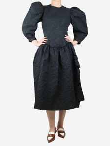 Simone Rocha Black puff-sleeved textured midi dress - size UK 8