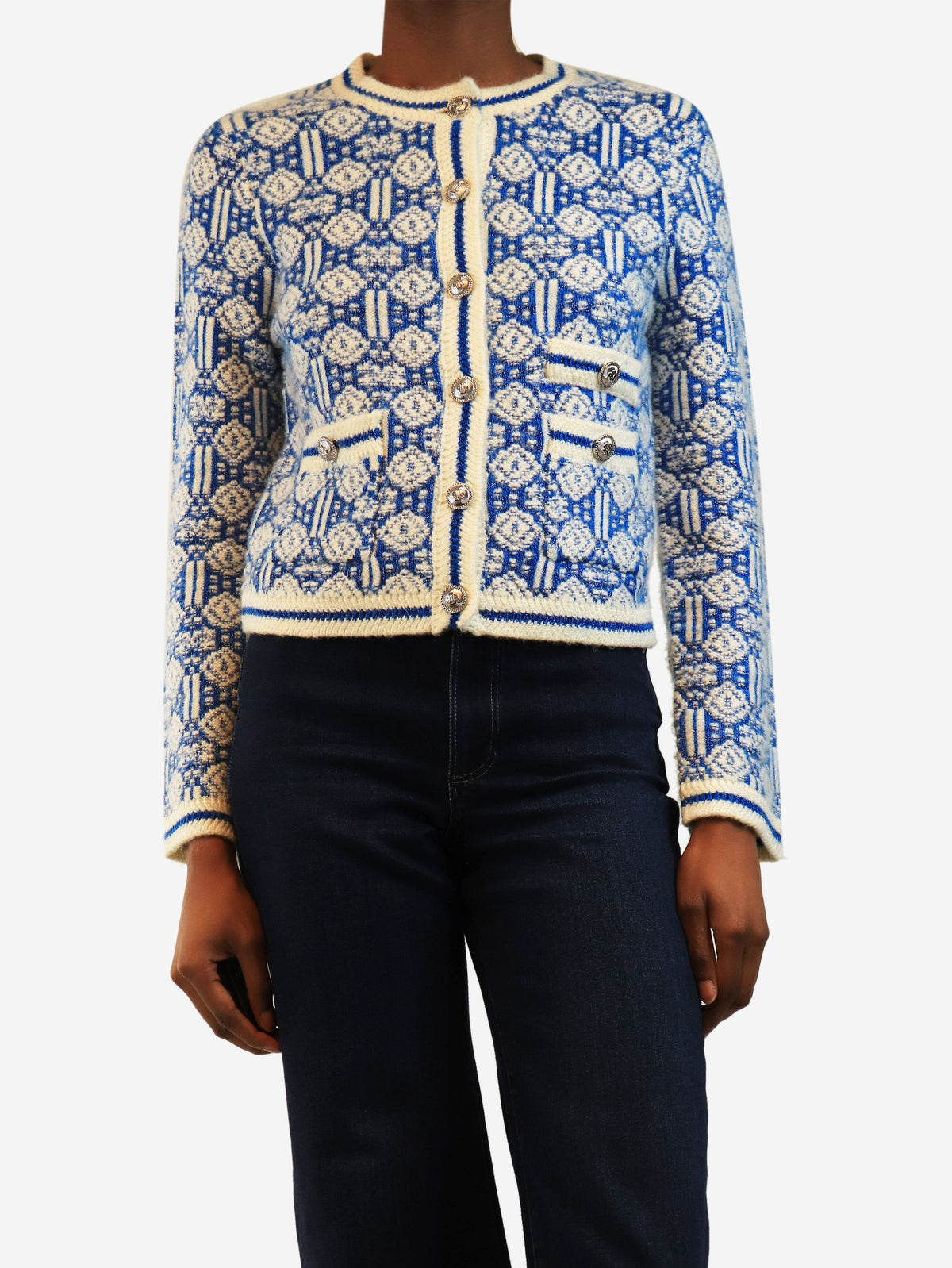 Blue cropped jacquard cardigan - size UK 8 Knitwear Maje 