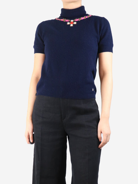 Navy cashmere short sleeved top - size UK 8 product image