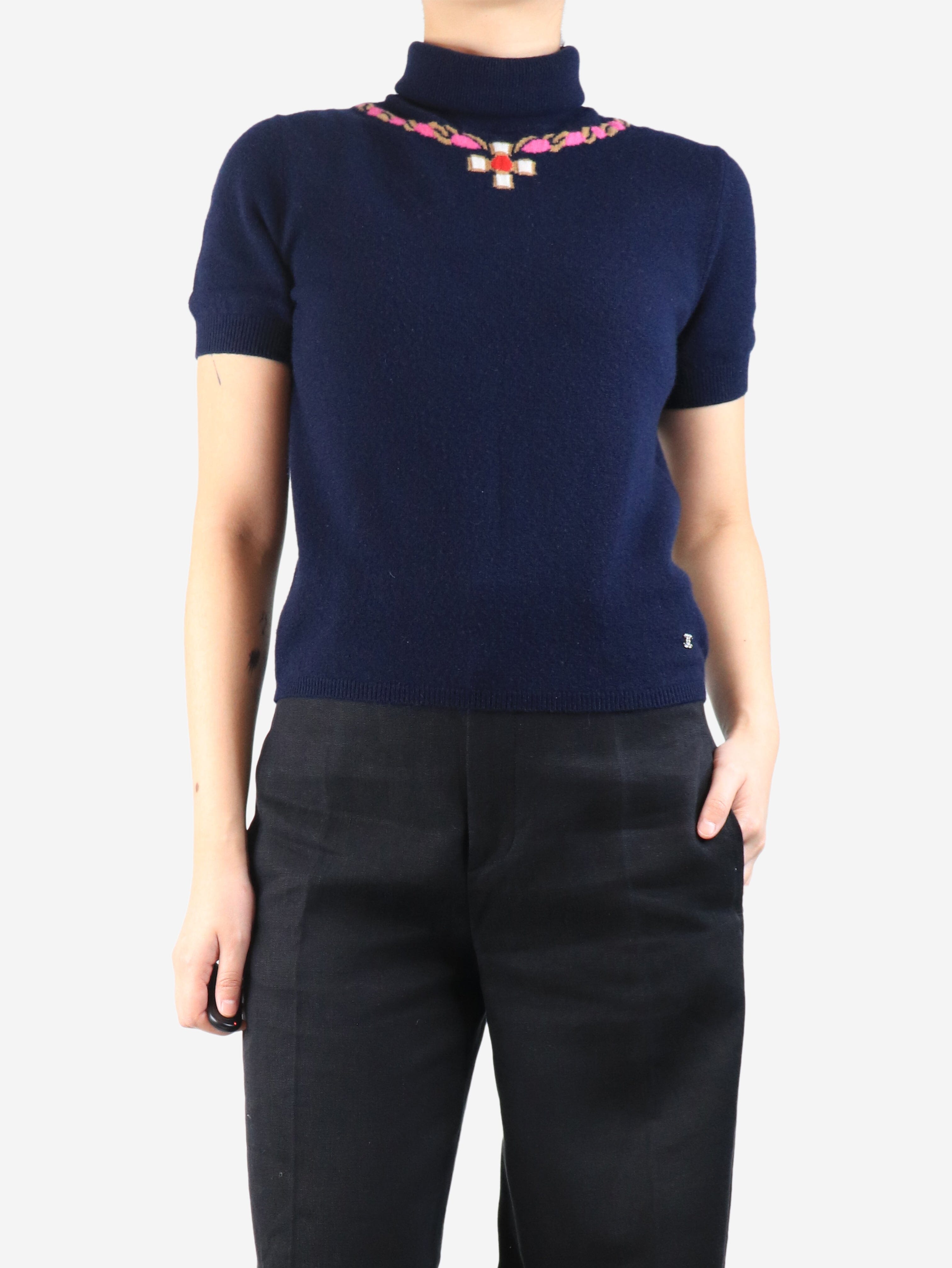 Navy cashmere short sleeved top - size UK 8 Knitwear Chanel 
