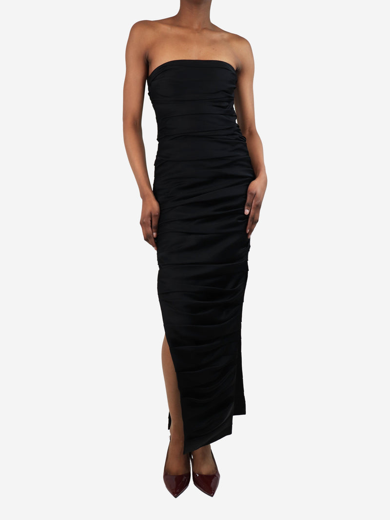 strapless ruched midi dress