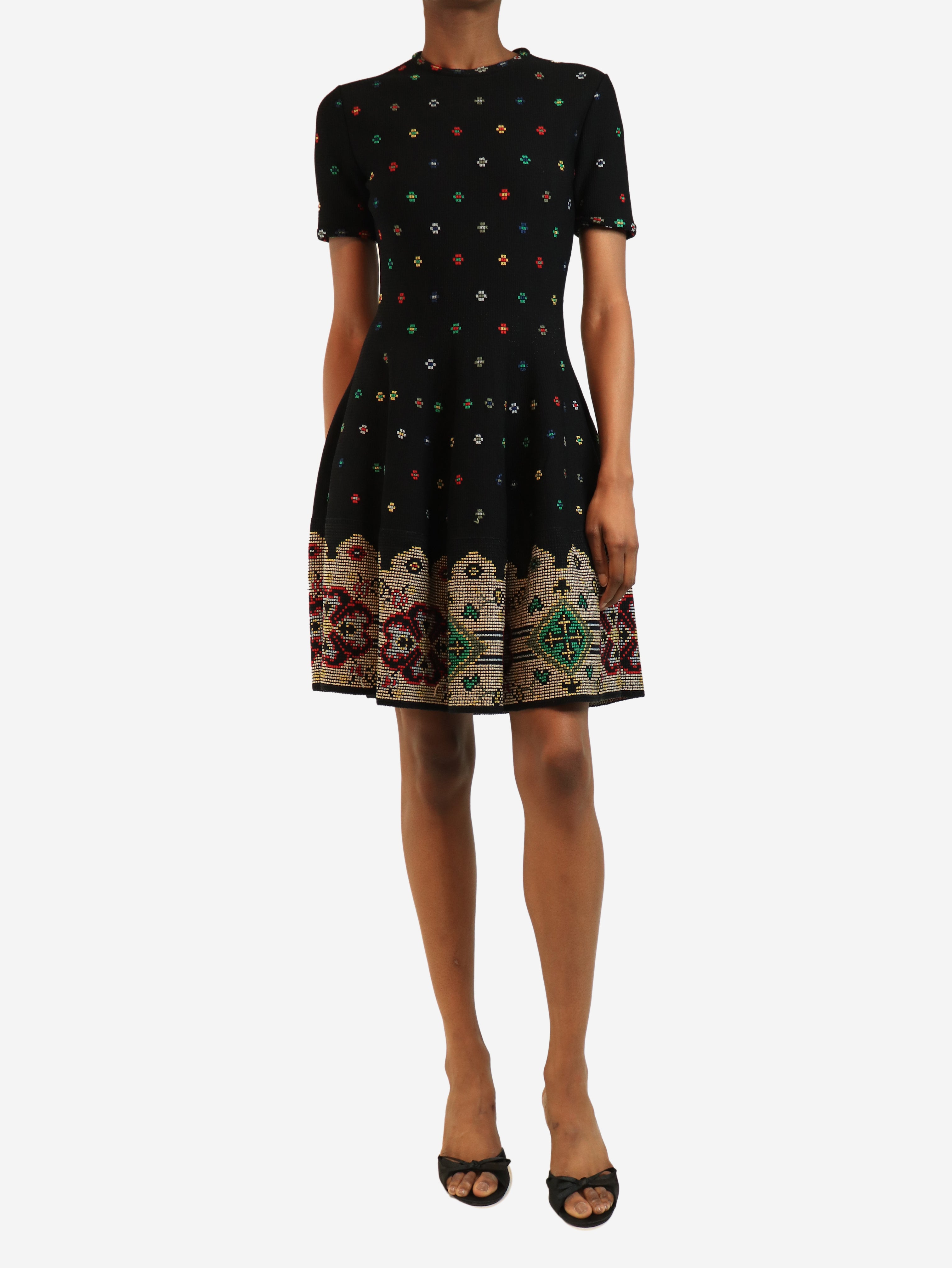 Black short-sleeved embroidered mini dress - size S