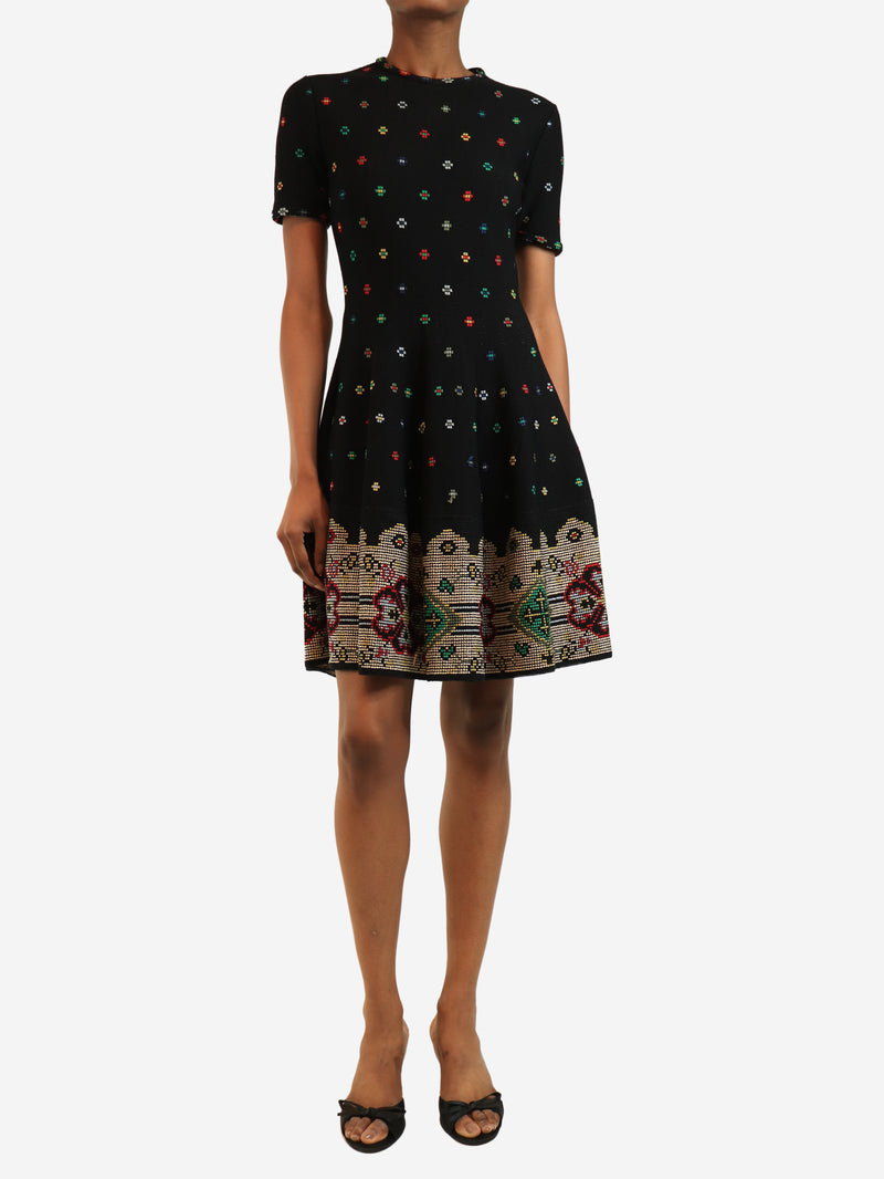 Black short-sleeved embroidered mini dress - size S