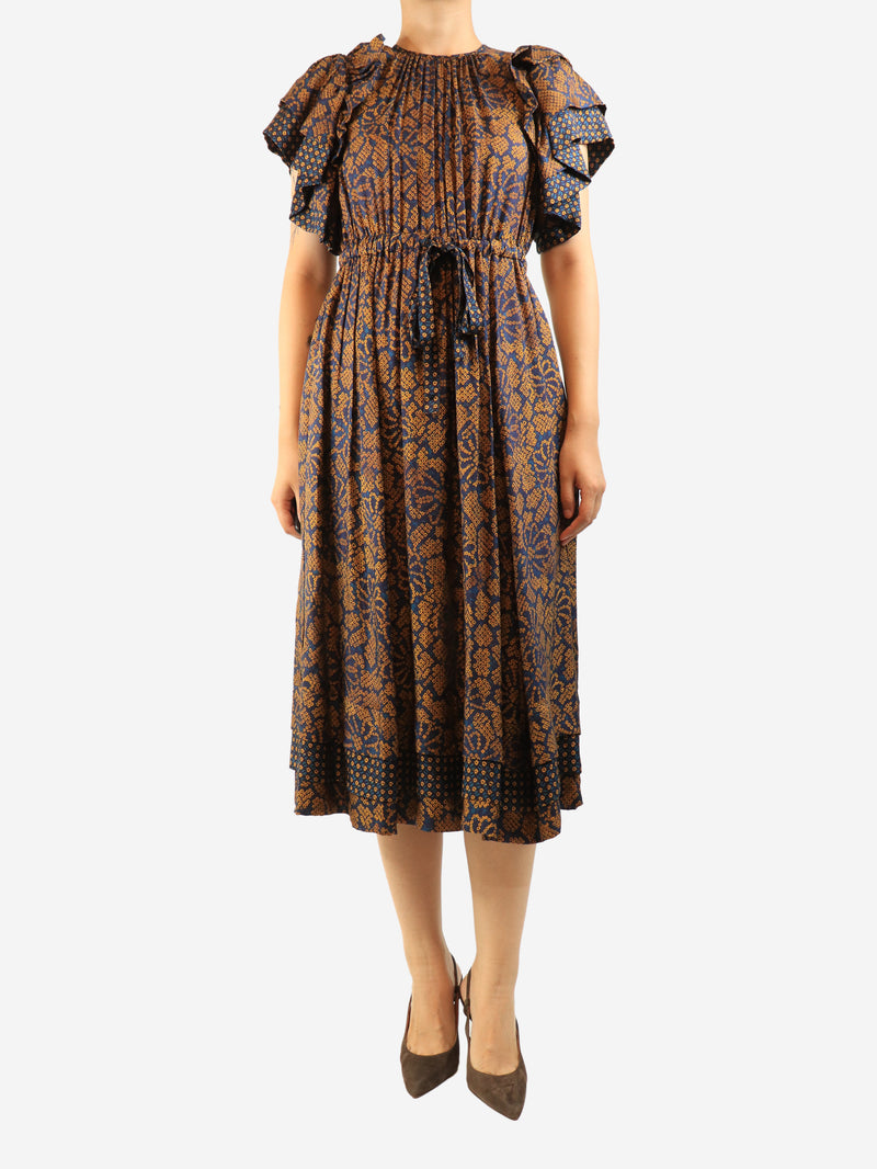 Blue silk-blend midi dress - size UK 8