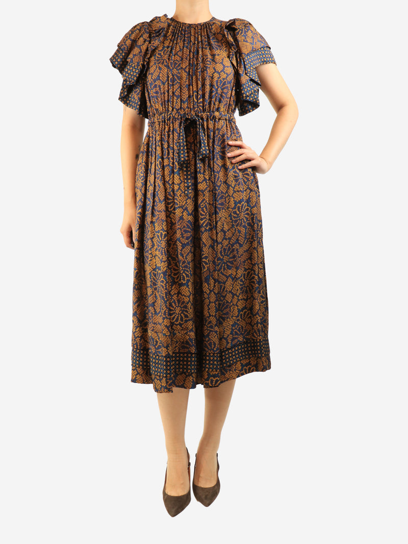 Blue silk-blend midi dress - size UK 8