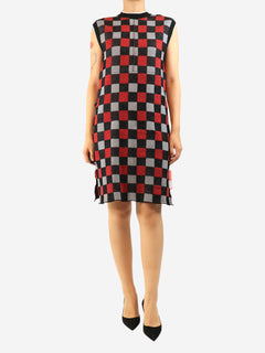 Grey and red sleeveless check knit dress - size UK 10