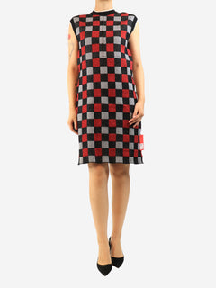 Grey and red sleeveless check knit dress - size UK 10