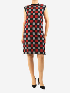 Grey and red sleeveless check knit dress - size UK 10