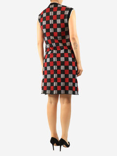 Grey and red sleeveless check knit dress - size UK 10