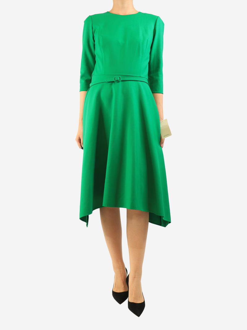 Green belted midi dress - size UK 10
