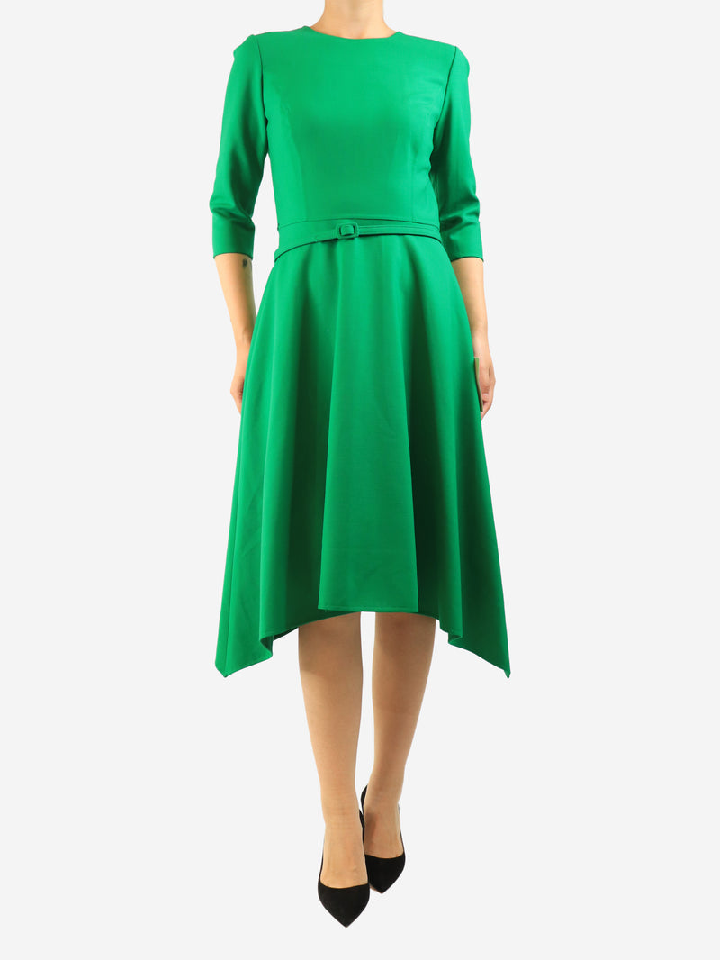 Green belted midi dress - size UK 10