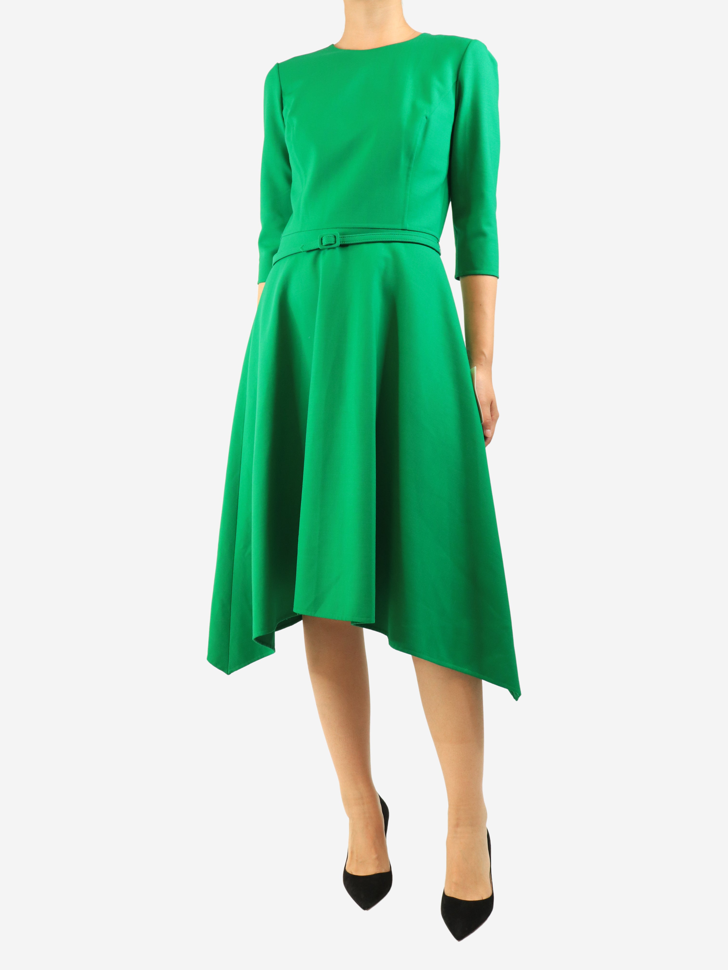 Green belted midi dress - size UK 10