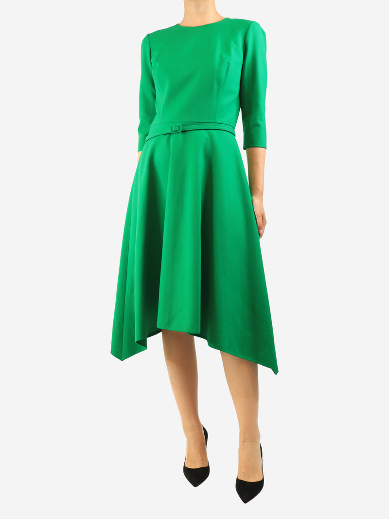 Green belted midi dress - size UK 10
