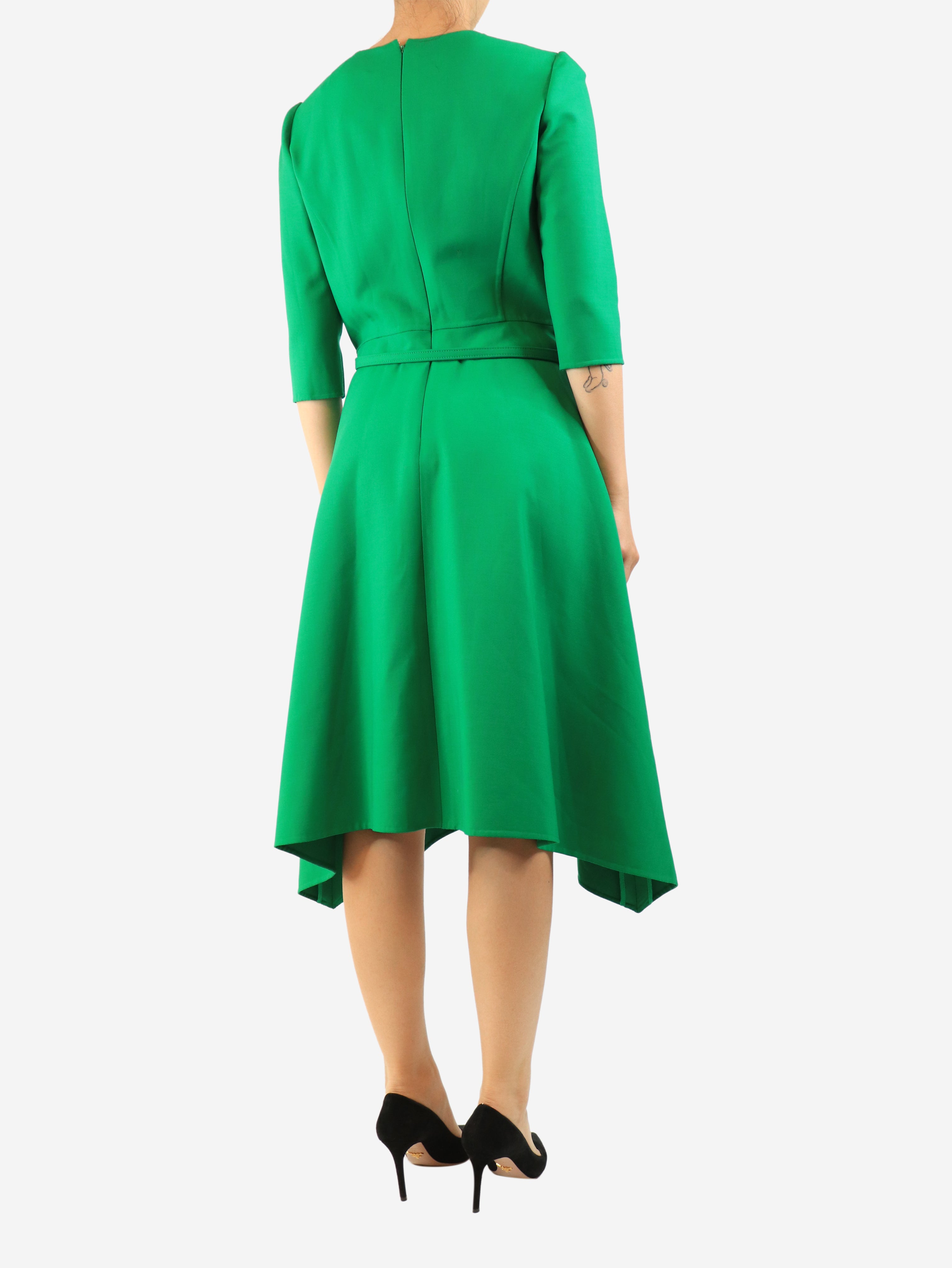 Green belted midi dress - size UK 10