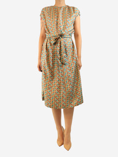 Beige geometric printed silk midi dress - size UK 12 Dresses Loro Piana 