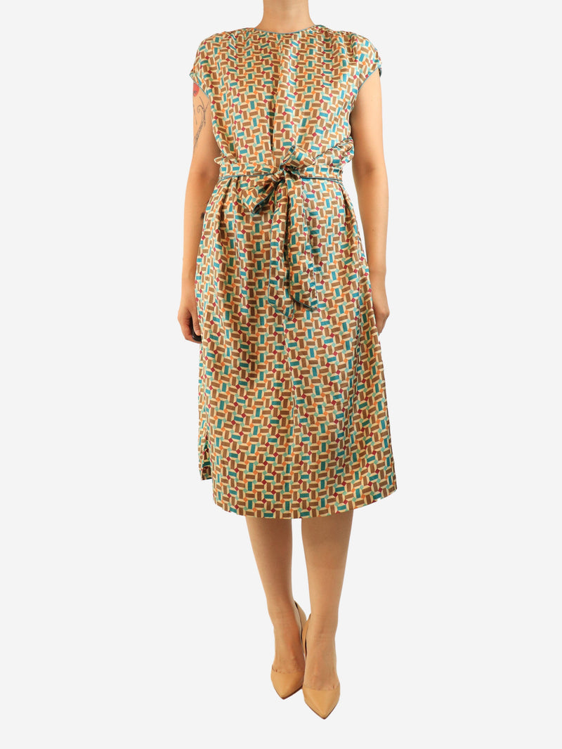 Beige geometric printed silk midi dress - size UK 12 Dresses Loro Piana 
