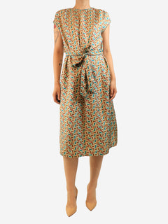 Beige geometric printed silk midi dress - size UK 12 Dresses Loro Piana 