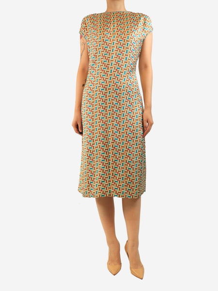 Beige geometric printed silk midi dress - size UK 12 product image