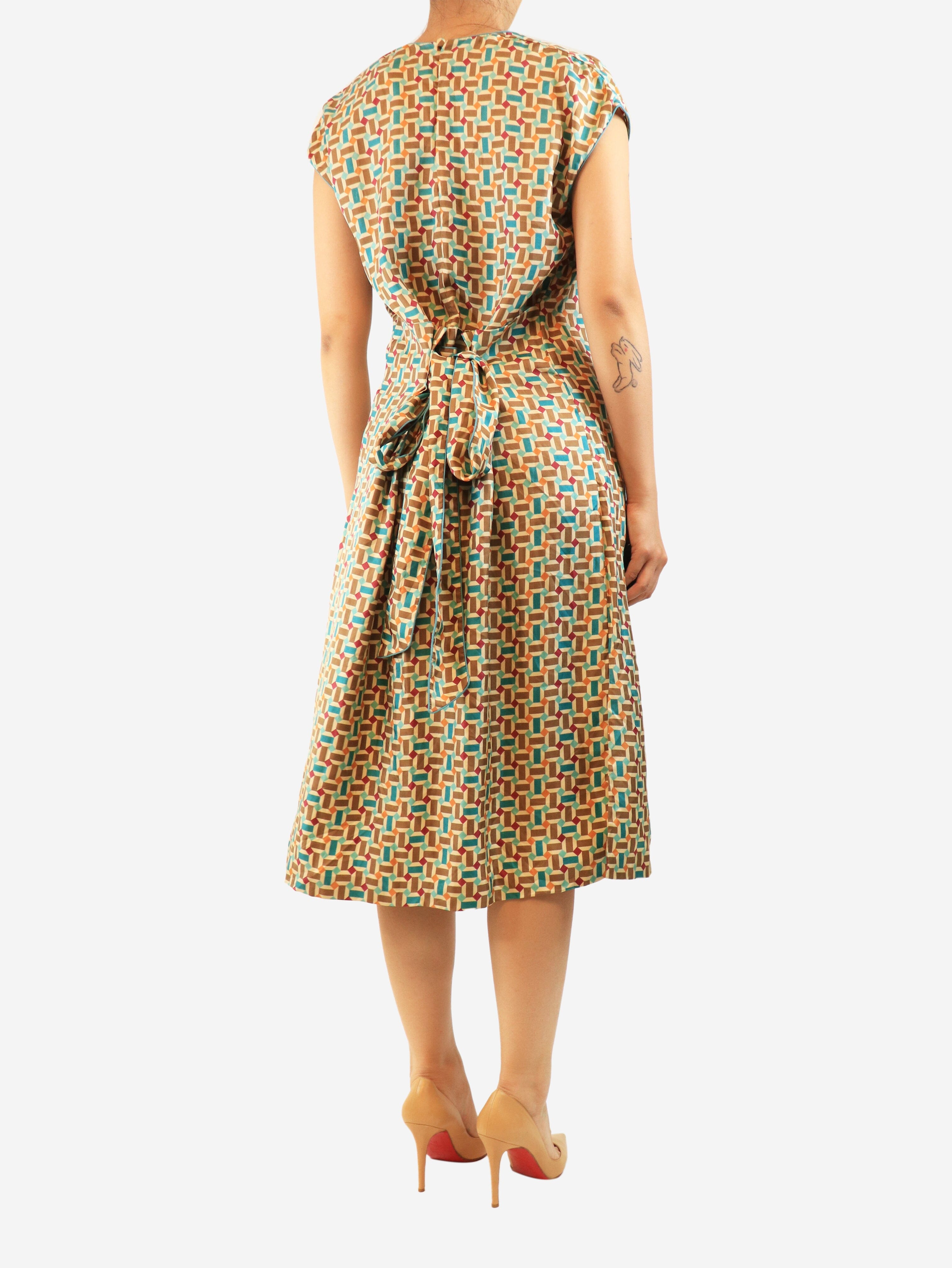 Beige geometric printed silk midi dress - size UK 12 Dresses Loro Piana 
