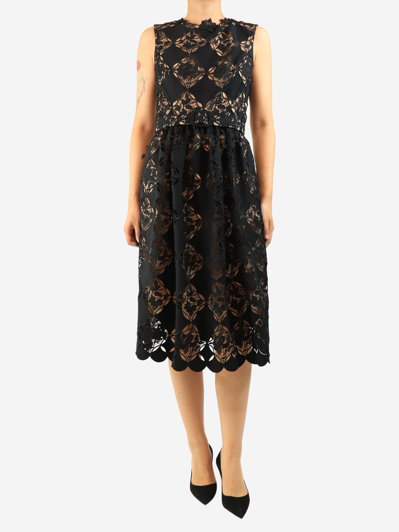 Black sleeveless lace belted midi dress - size UK 10