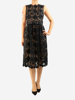 Black sleeveless lace belted midi dress - size UK 10
