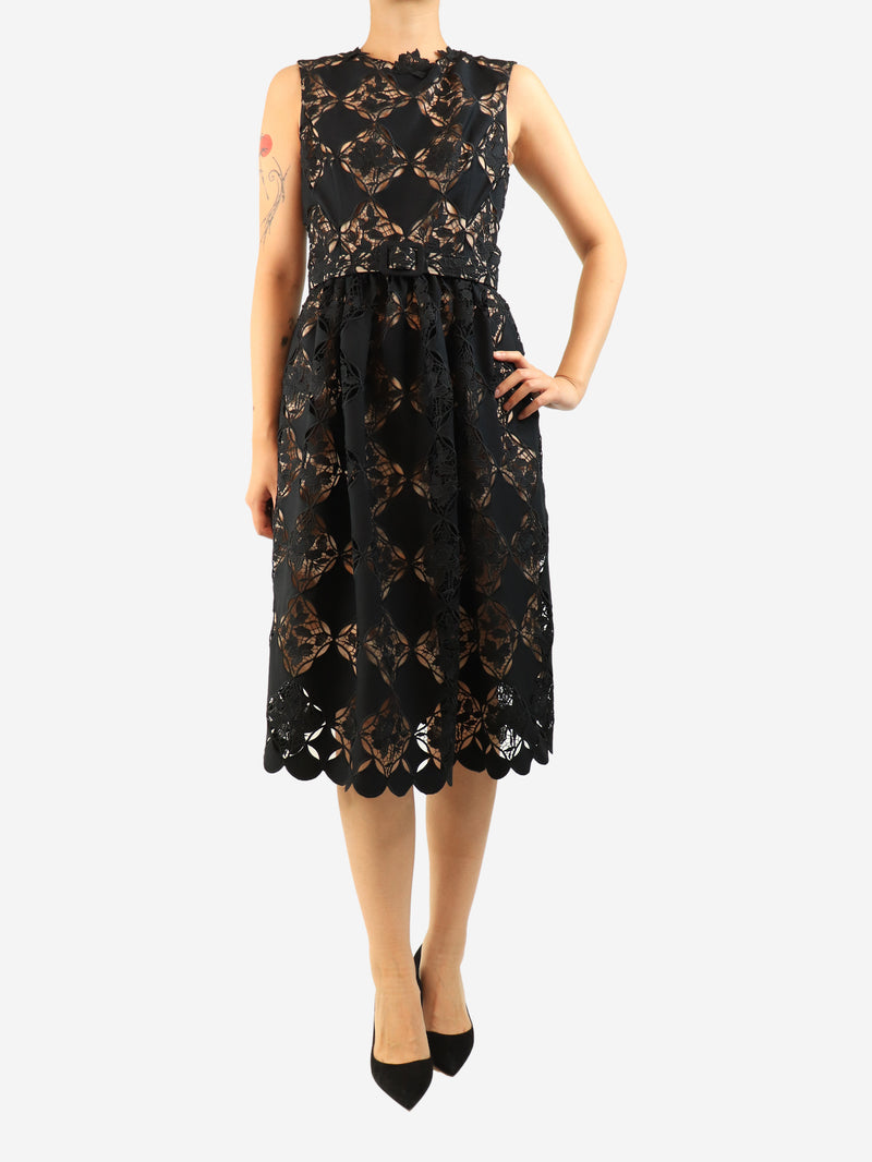 Black sleeveless lace belted midi dress - size UK 10