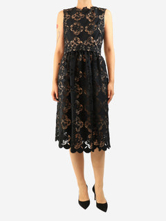 Black sleeveless lace belted midi dress - size UK 10