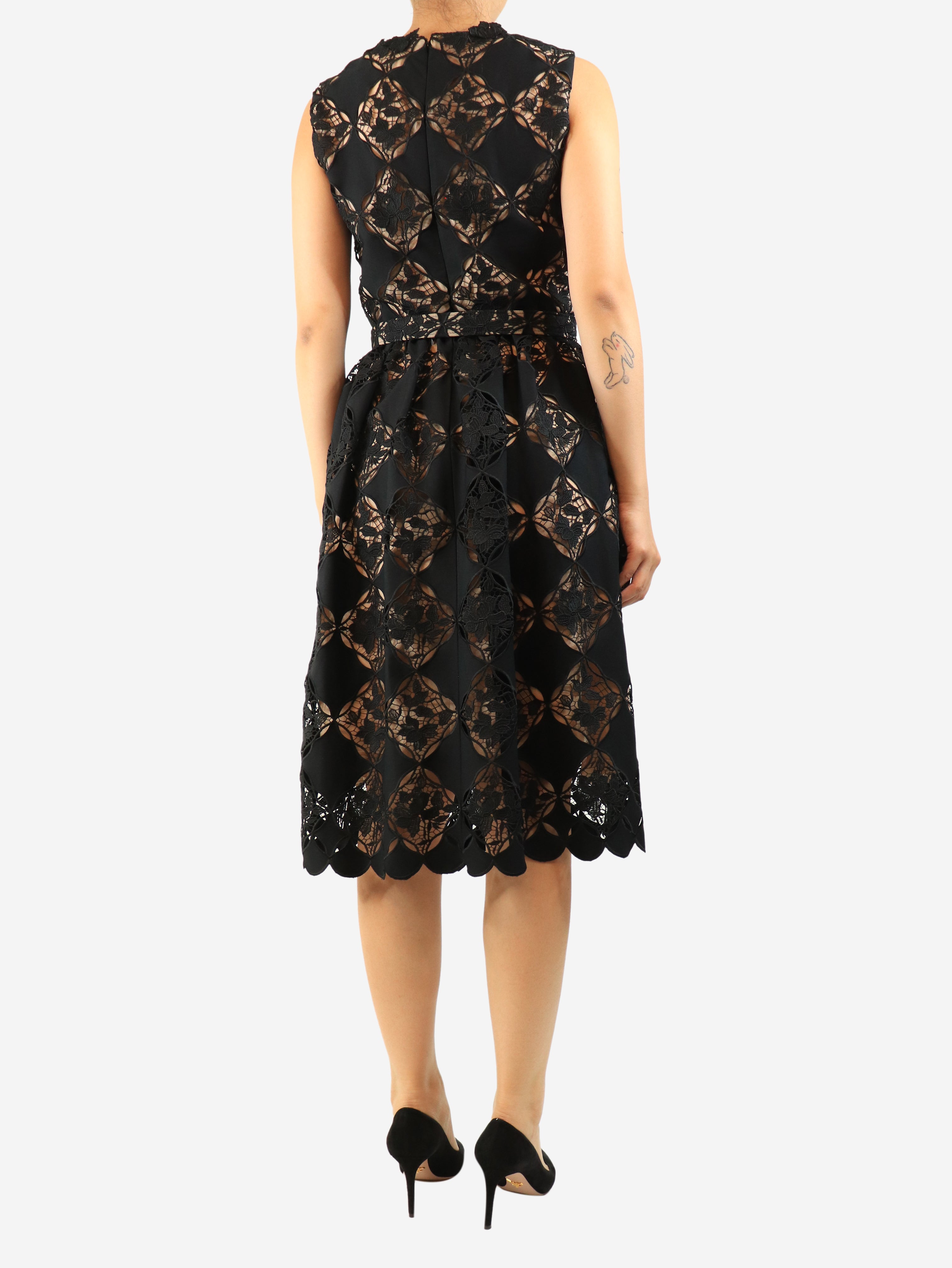 Black sleeveless lace belted midi dress - size UK 10