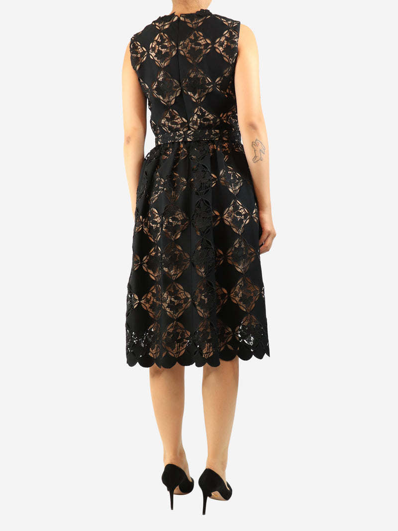 Black sleeveless lace belted midi dress - size UK 10