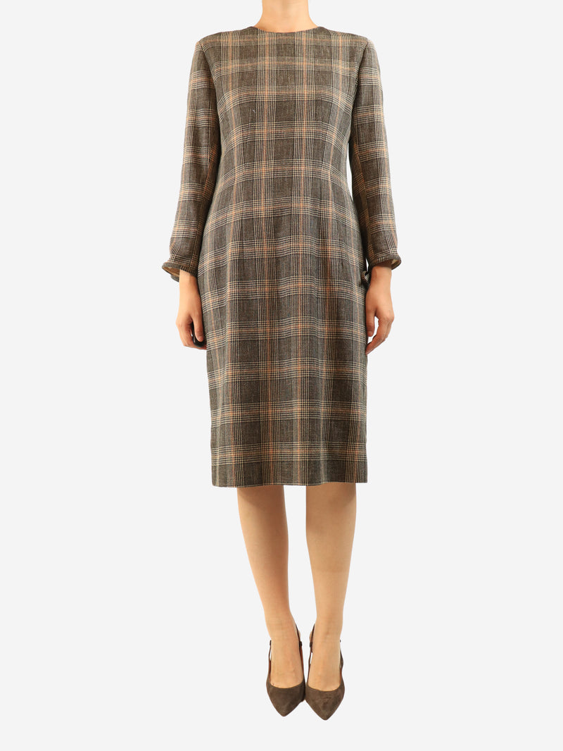 Brown wool check long sleeve dress - size UK 10