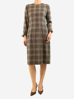 Brown wool check long sleeve dress - size UK 10