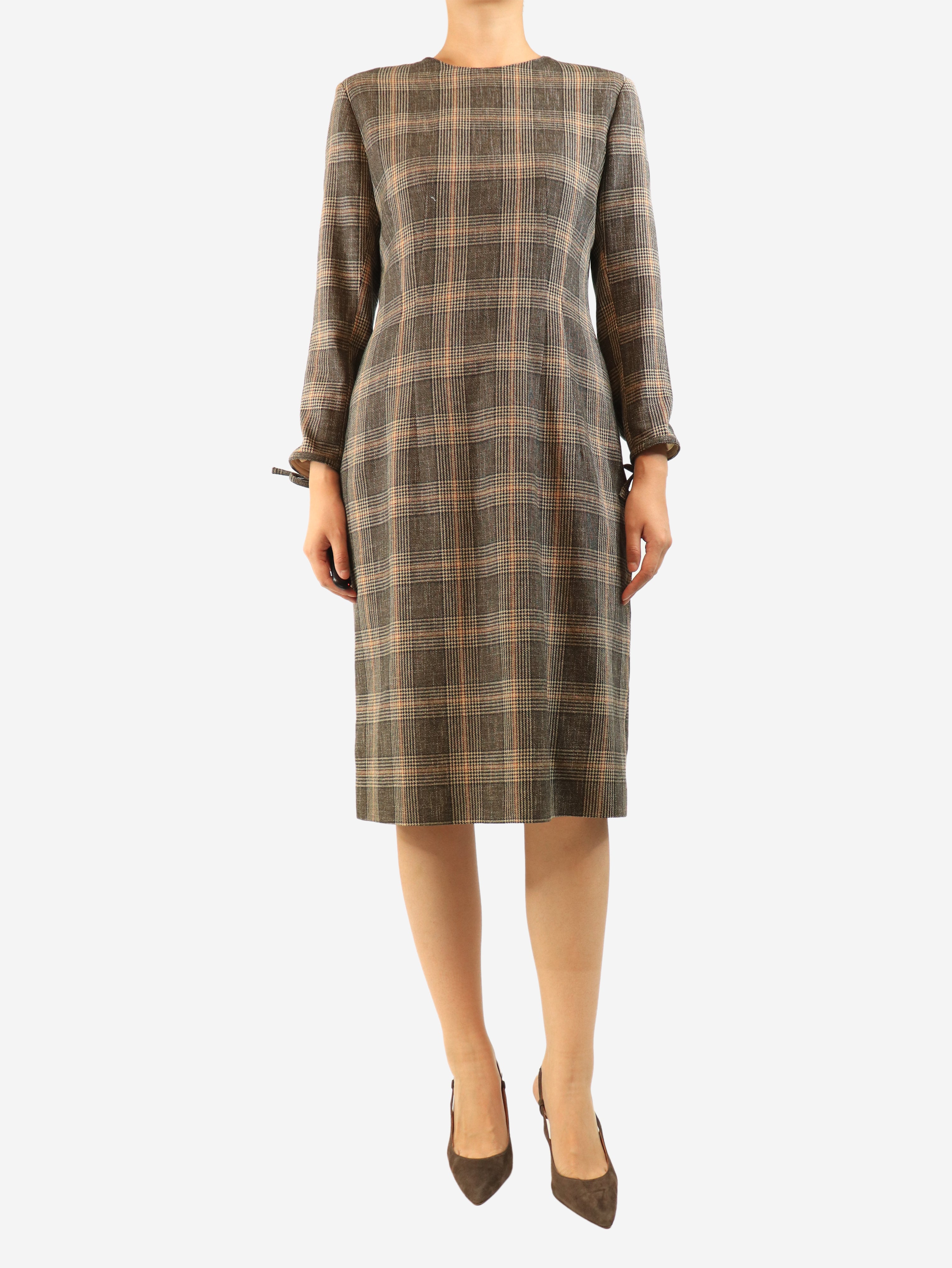 Brown wool check long sleeve dress - size UK 10