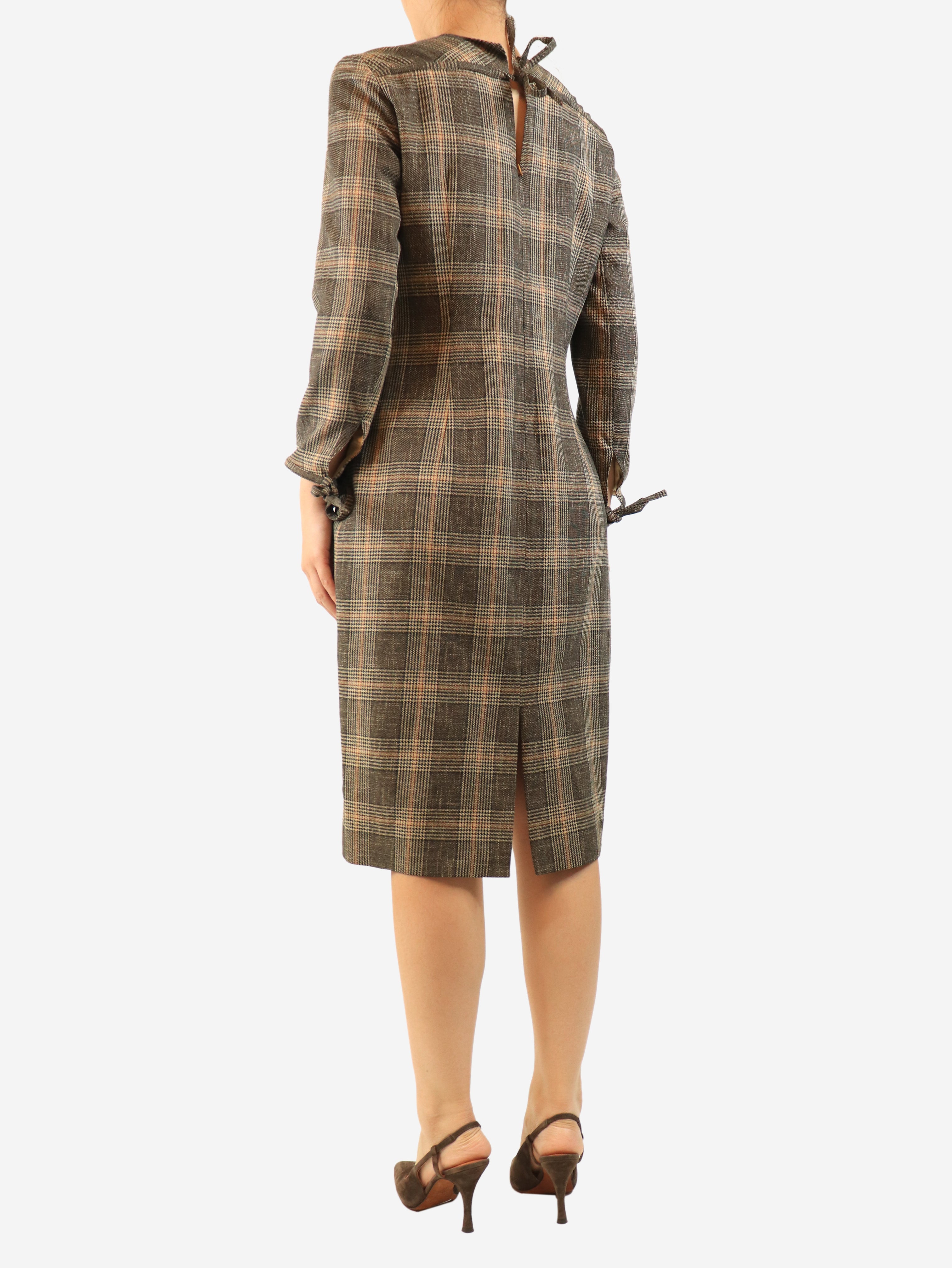 Brown wool check long sleeve dress - size UK 10