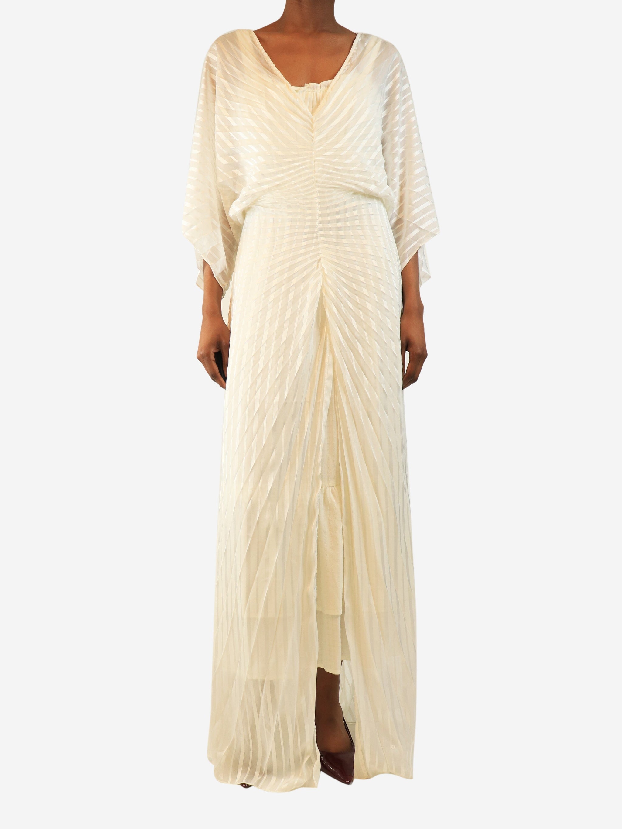 Cream sheer pleated stripe maxi dress - size UK 8