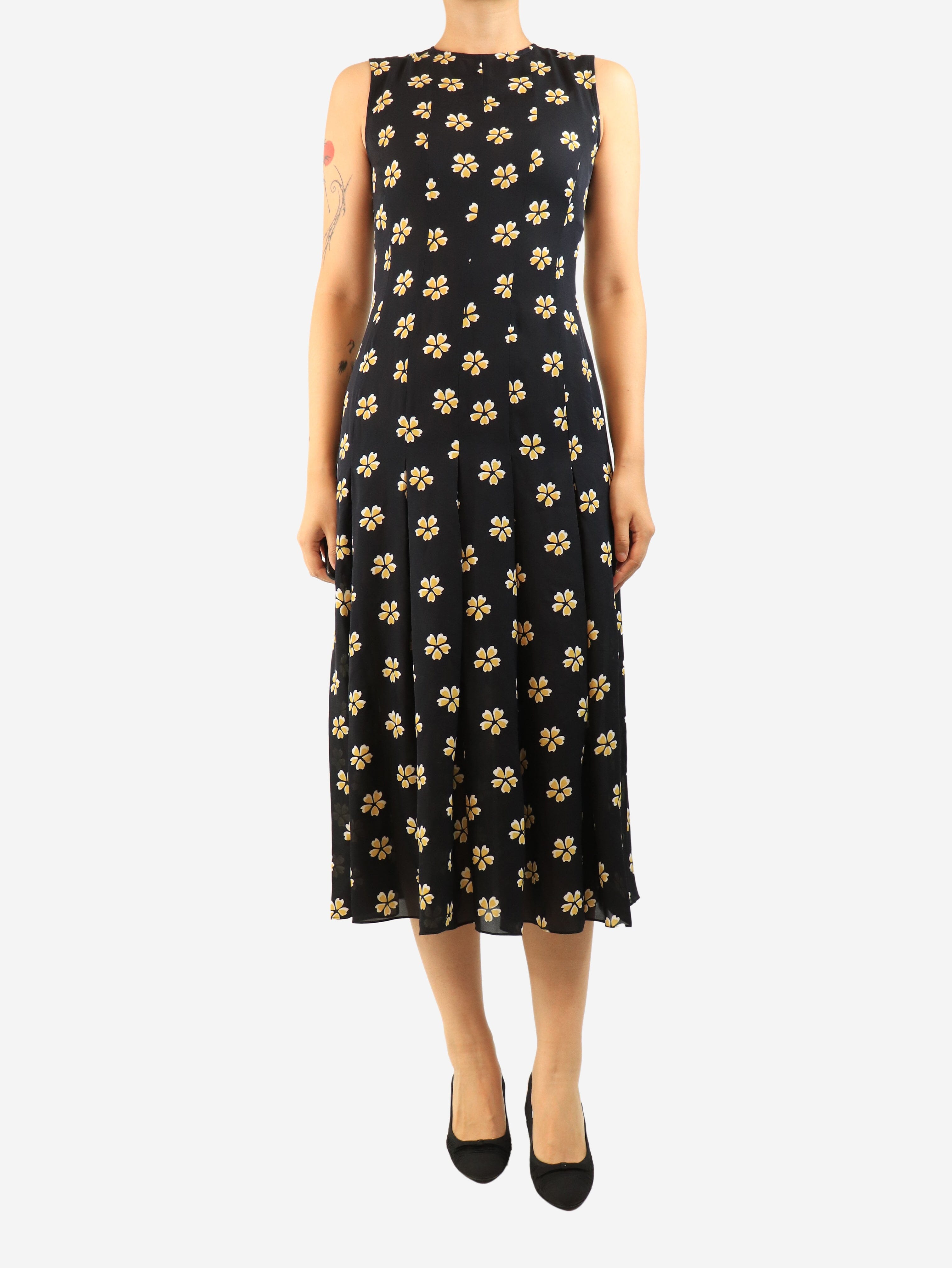 Black and yellow sleeveless floral silk dress - size UK 10 Dresses Oscar De La Renta 