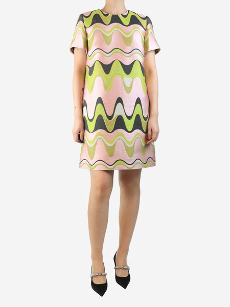 Pink and green wave jacquard shift dress - size UK 14 product image