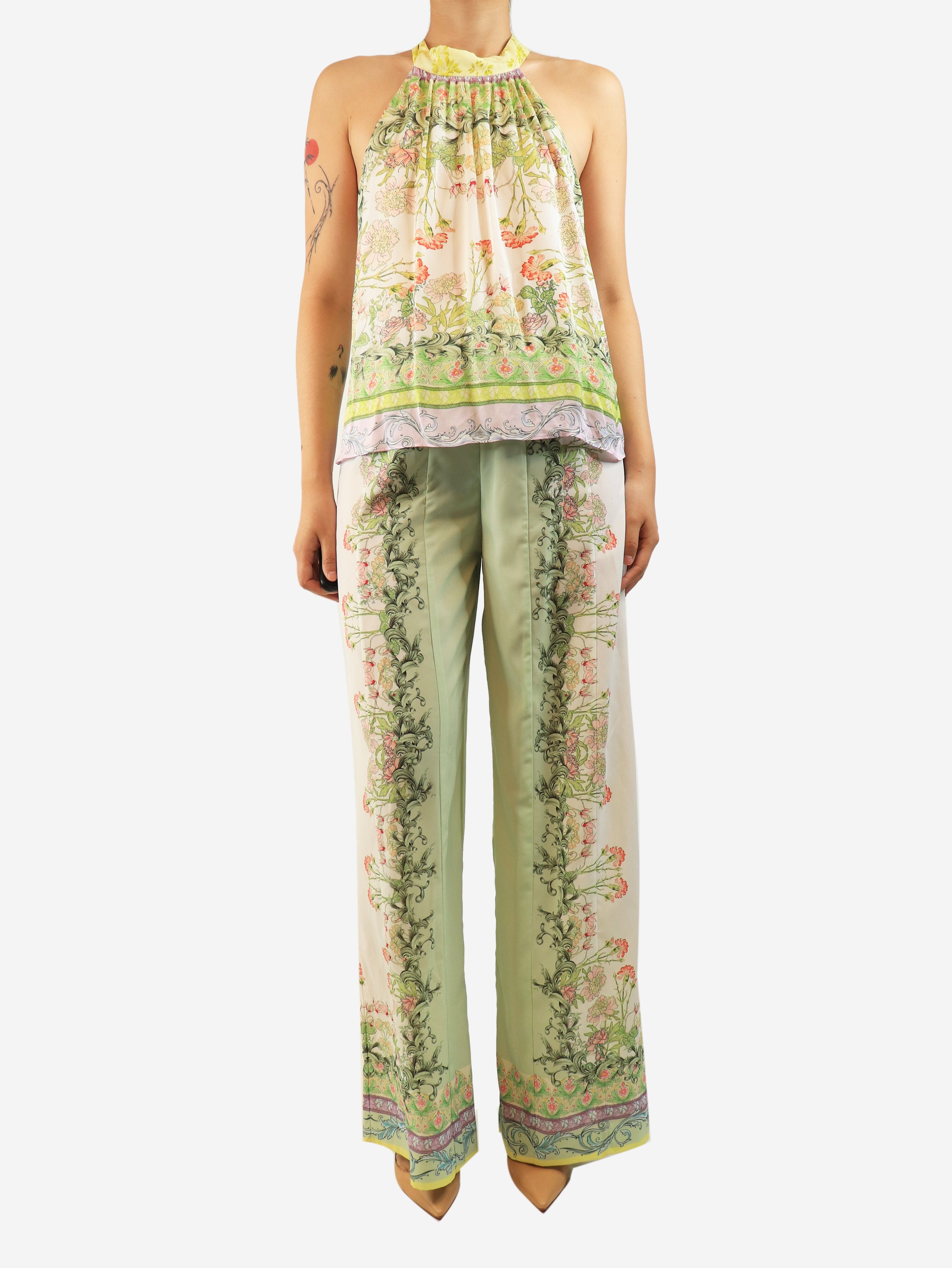 Green and white floral halter top and trousers set - size UK 10 Sets Alice + Olivia 