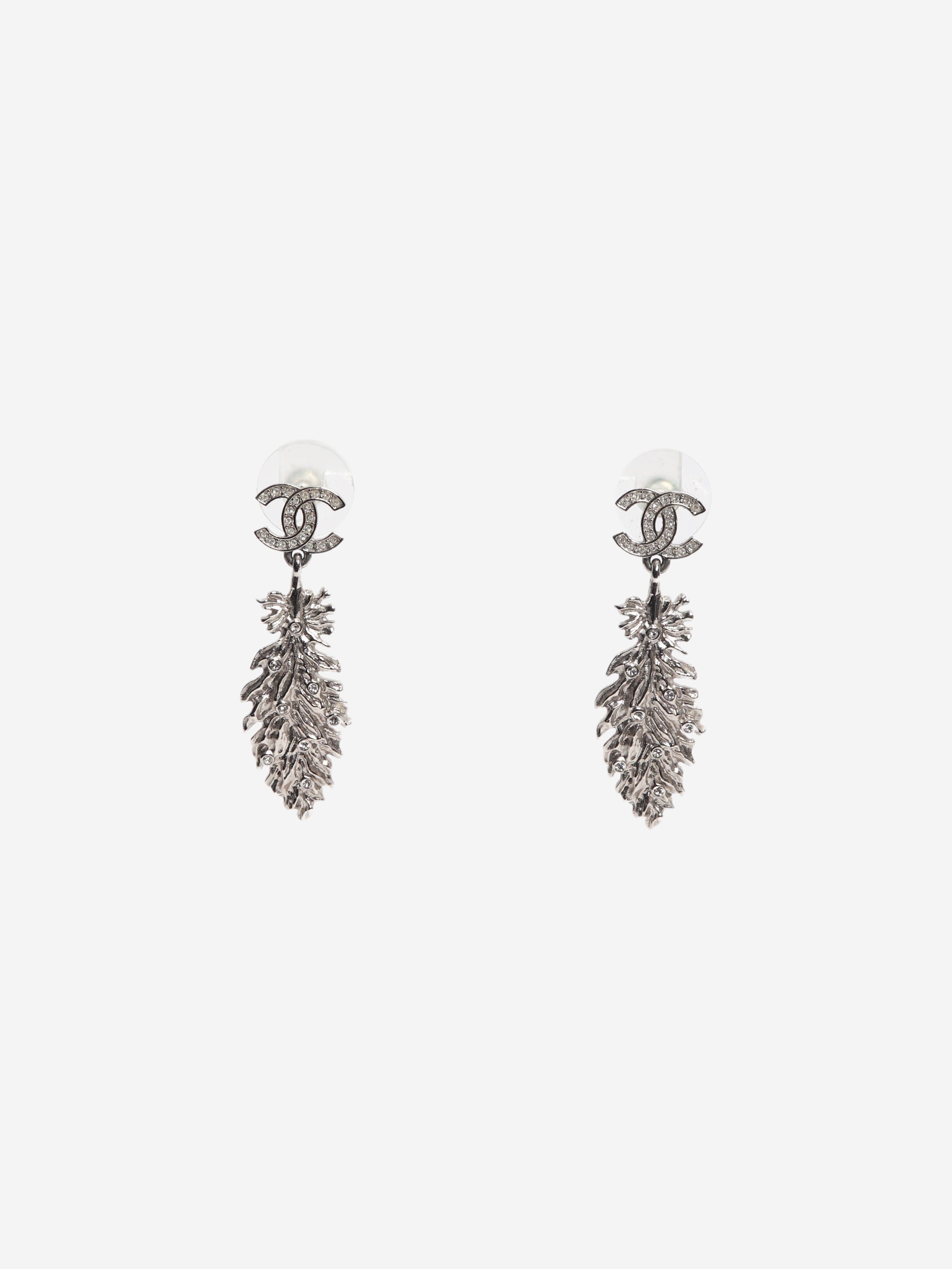 Silver CC logo feather dangle earrings Earrings Chanel 