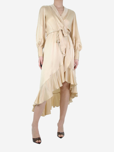 Cream asymmetric ruffled silk-satin midi wrap dress - size UK 10 Dresses Zimmermann 