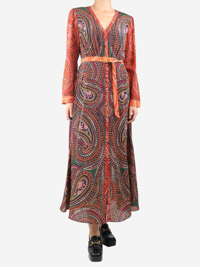 Multicolour silk floral paisley belted midi dress - size UK 12 Dresses Saloni 
