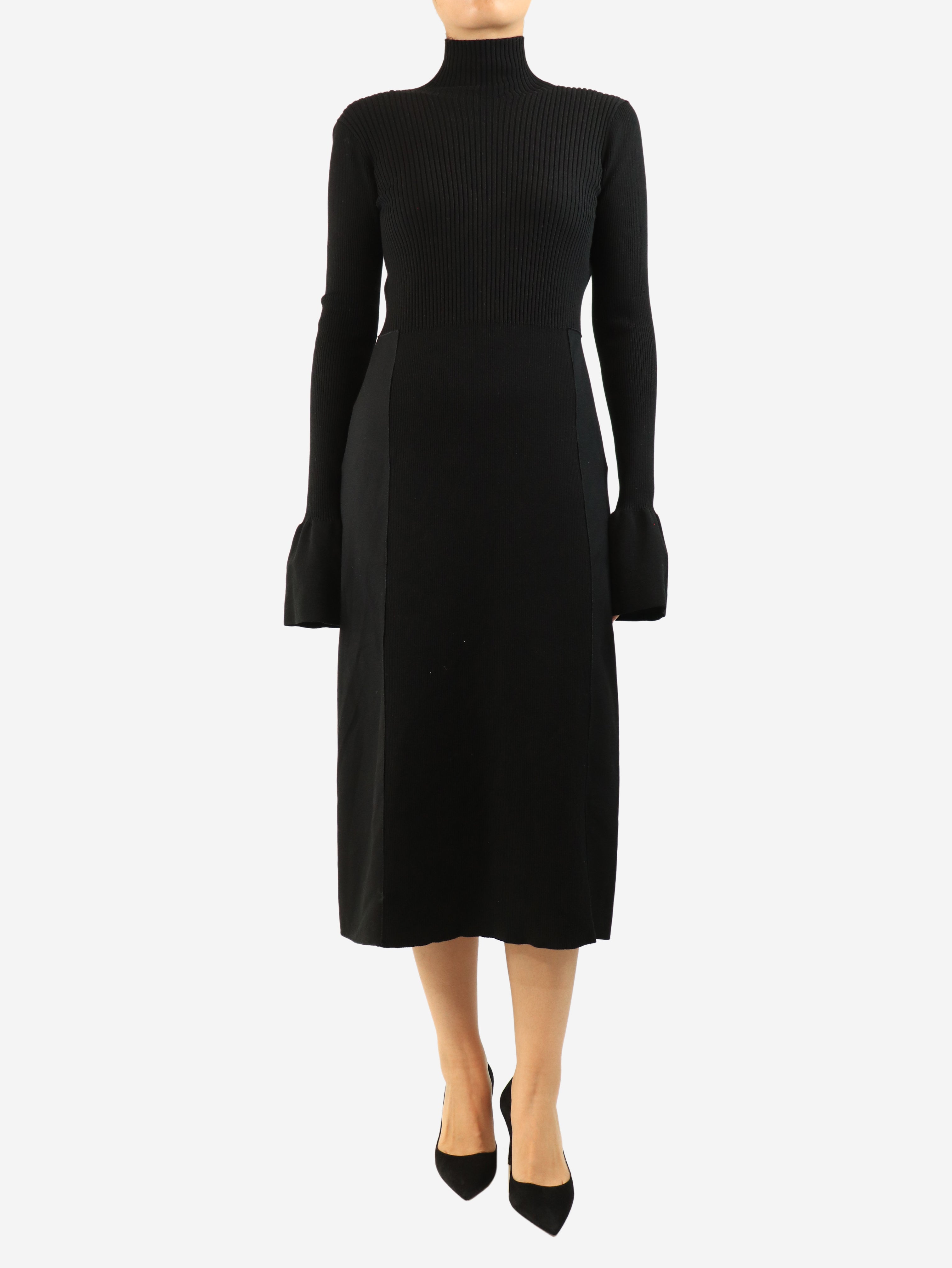 Black long sleeve ribbed midi dress - size UK 10