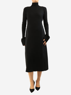 Black long sleeve ribbed midi dress - size UK 10