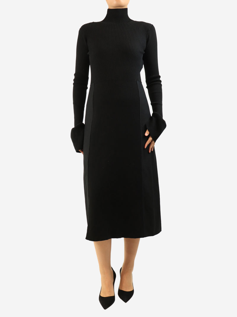 Black long sleeve ribbed midi dress - size UK 10