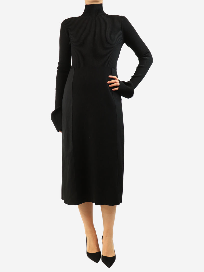 Black long sleeve ribbed midi dress - size UK 10