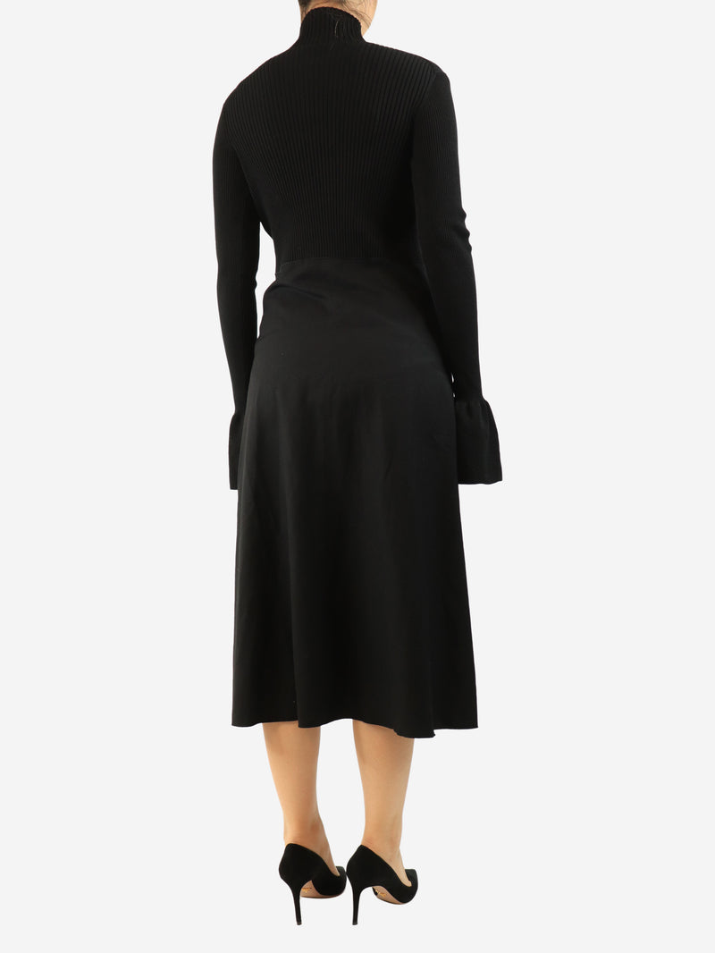 Black long sleeve ribbed midi dress - size UK 10